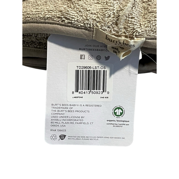 Burt's Bees Baby Hooded Towel Beige Bear Organic Cotton Bath Animal Towel NWT - Picture 6 of 7